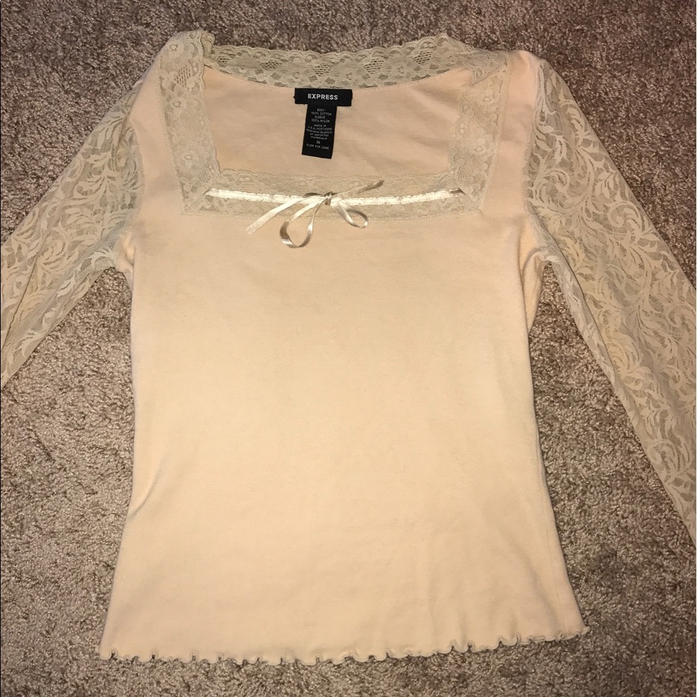 Vintage Long Sleeve Shirt with Lace and cotton top by Express bow lettuce edge M